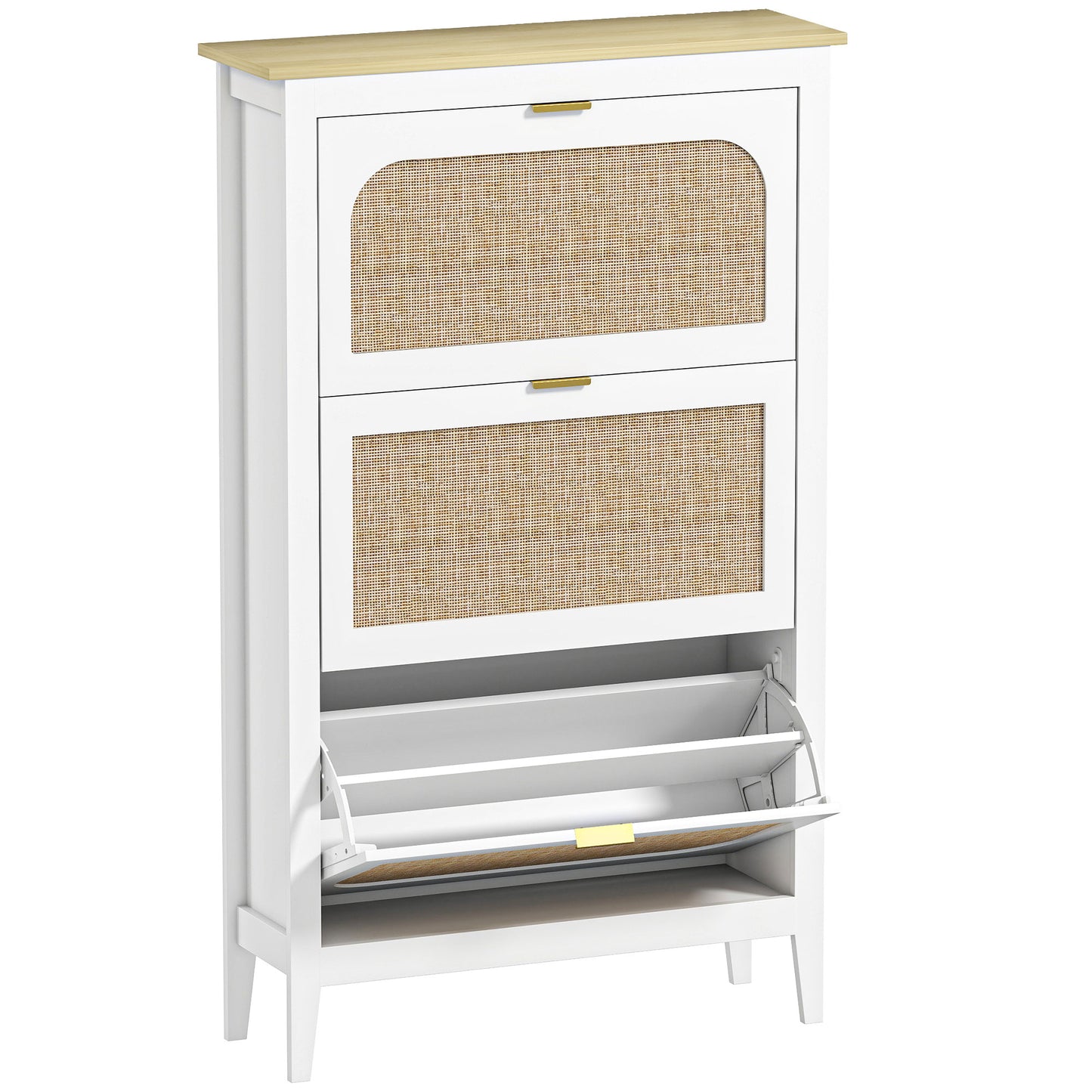 Boho Narrow Shoe Cabinet | 3 Flip Drawers | Rattan Doors | Oak-Effect Top | 21 Pairs | Adjustable Shelves | Anti-Tip Kit | 40kg Capacity | 80x24x131cm | White