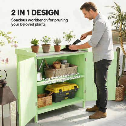Wood Garden Storage Cabinet, Outdoor Tool Shed, Potting Bench Table with galvanised Top and Two Shelves, Green