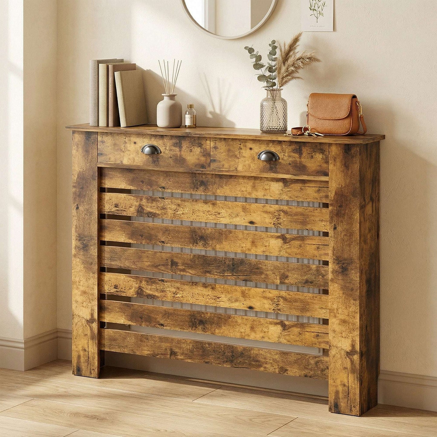 MDF & Particle Board Radiator Cover with 2 Drawers | Slatted Design | Skirting Board Cut-Outs | Easy-Fix Clips | Wood-Effect Top | 5kg Per Drawer | 111x19x95.5cm | Rustic Brown
