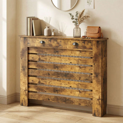 MDF & Particle Board Radiator Cover with 2 Drawers | Slatted Design | Skirting Board Cut-Outs | Easy-Fix Clips | Wood-Effect Top | 5kg Per Drawer | 111x19x95.5cm | Rustic Brown