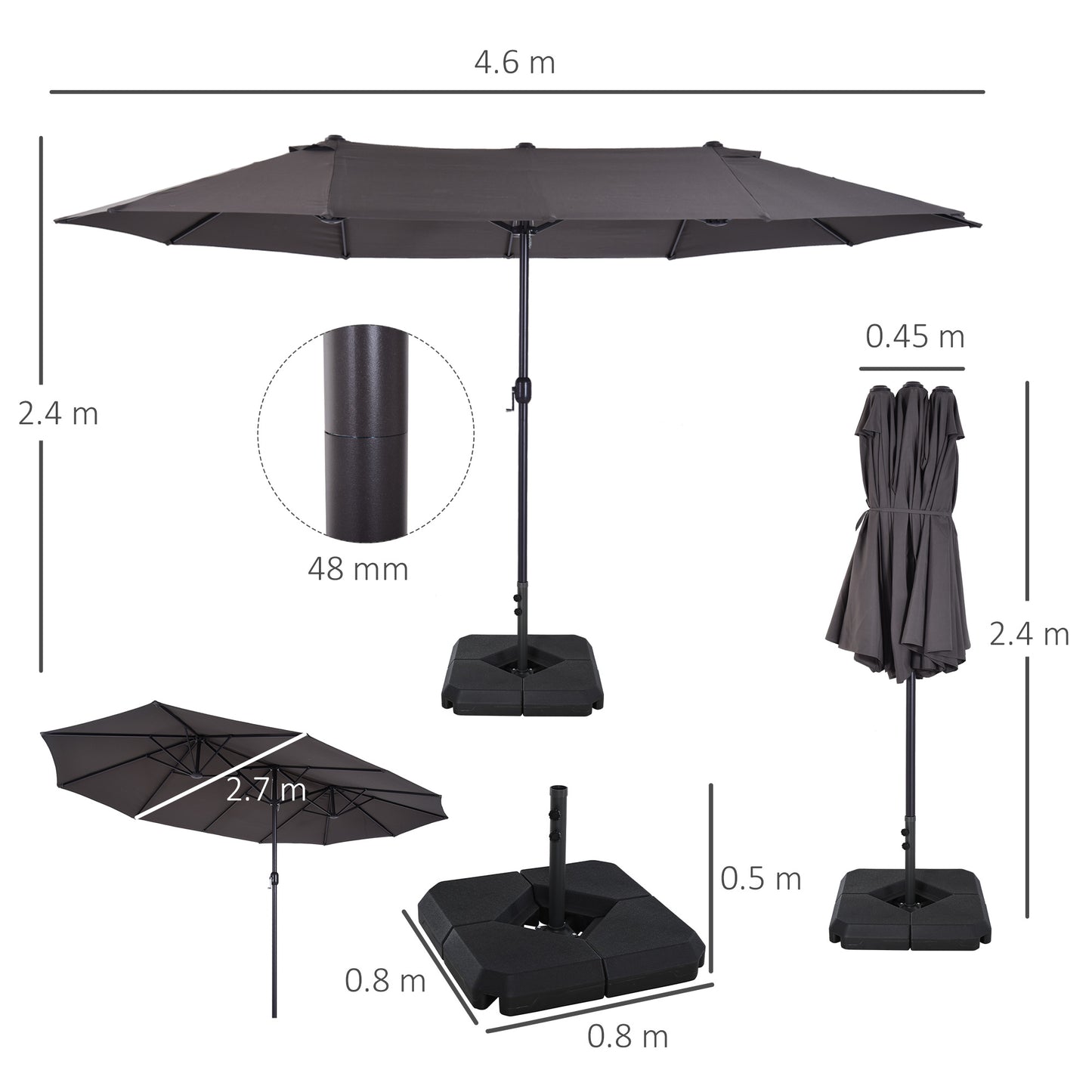Outsunny 4.6m Garden Parasol Double-Sided Sun Umbrella Patio Market Shelter Canopy Shade with Umbrella Stand, Grey