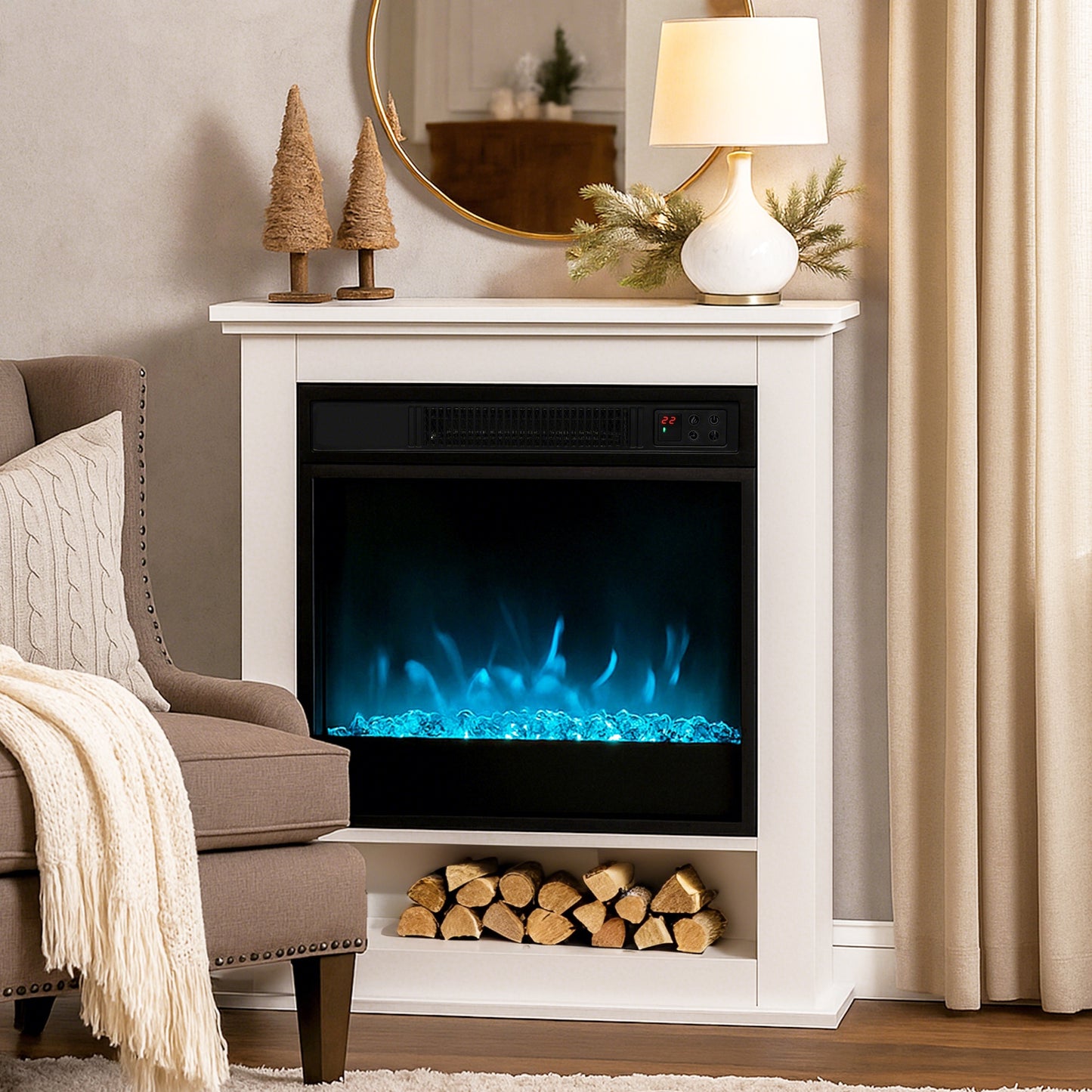 1800W Adjustable Faux Flame Electric Fireplace - White