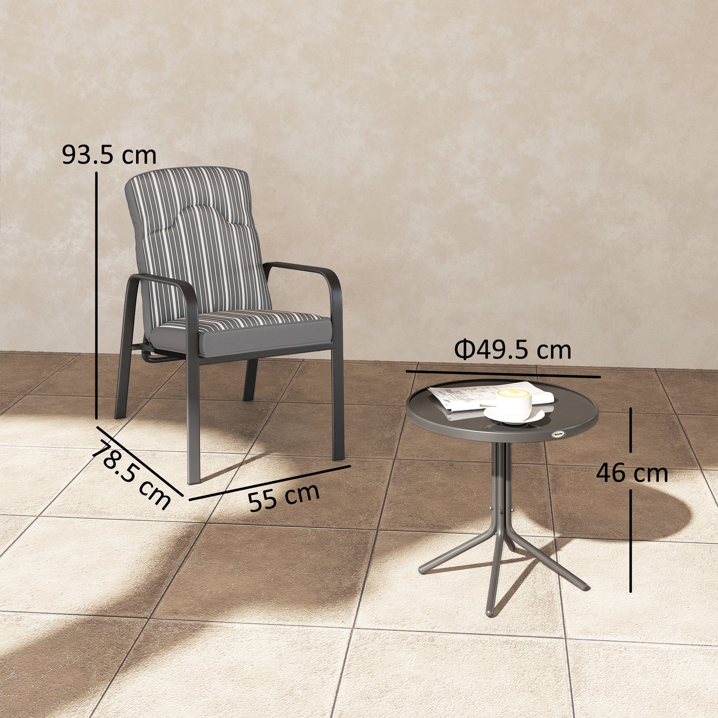 3-Piece Patio Bistro Set, 5-Position Adjustable Recliner Garden Chairs and Tempered Glass Table, Garden Furniture Set with Cushions, Grey