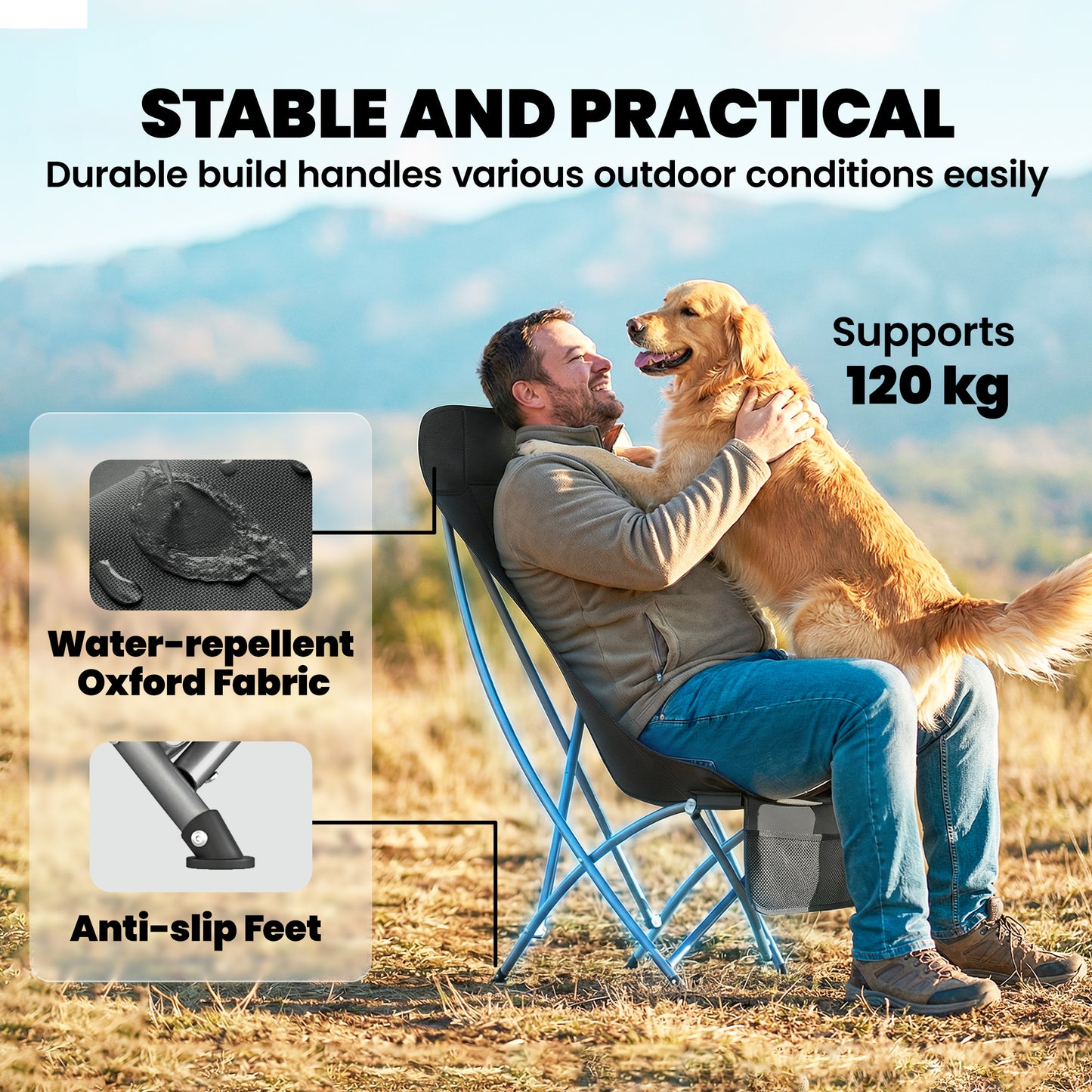 Outsunny Moon Camping Chair – Heavy Duty Folding Camp Chair, 120kg, Water-Repellent Oxford Fabric, Side Pocket & Carry Bag – Black