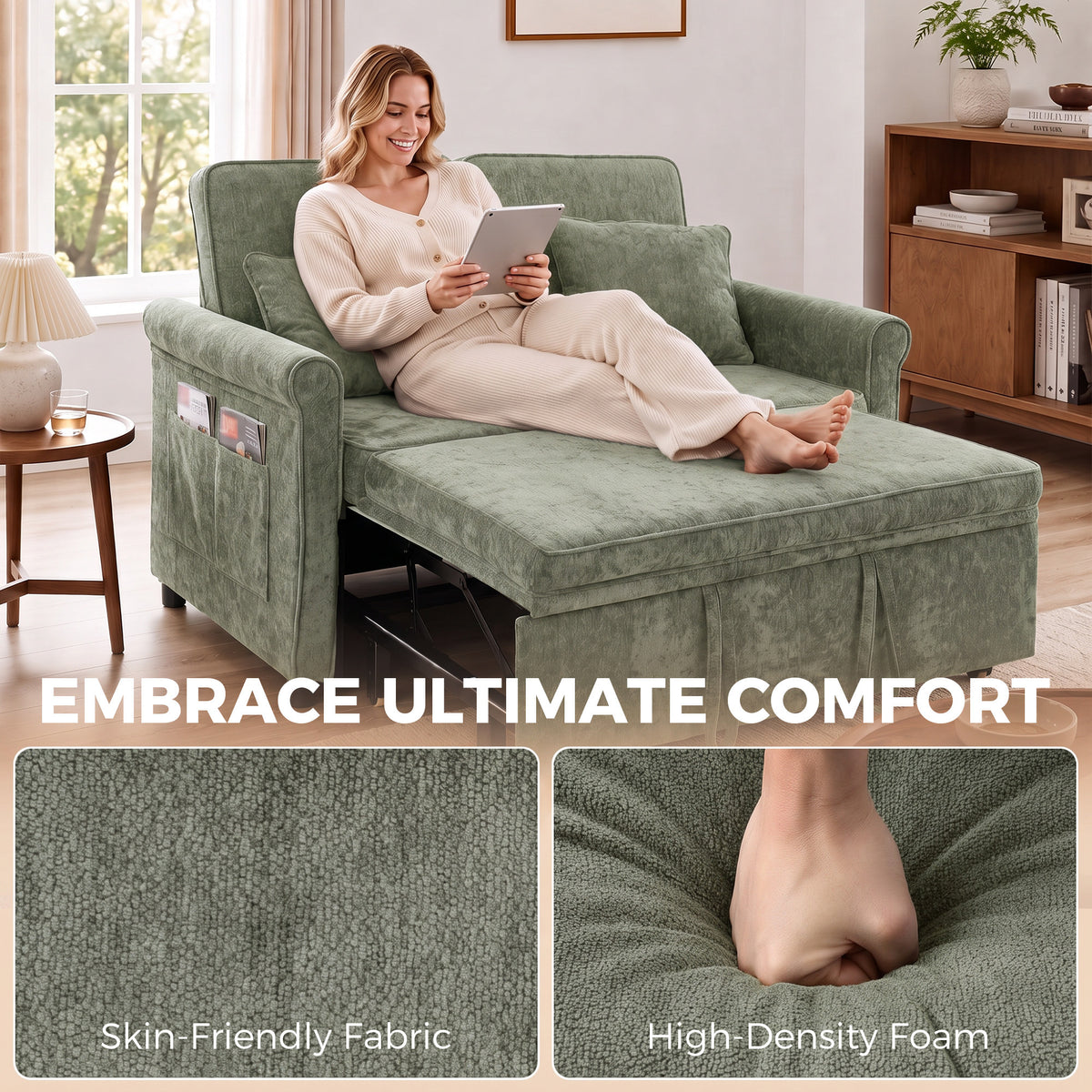 2 Seater Sofa Bed | 3-in-1 Convertible Chenille Sleeper Sofa with Pull-Out Bed, 5-Position Backrest & Side Pockets | 190 x 130 cm | Light Green or Grey