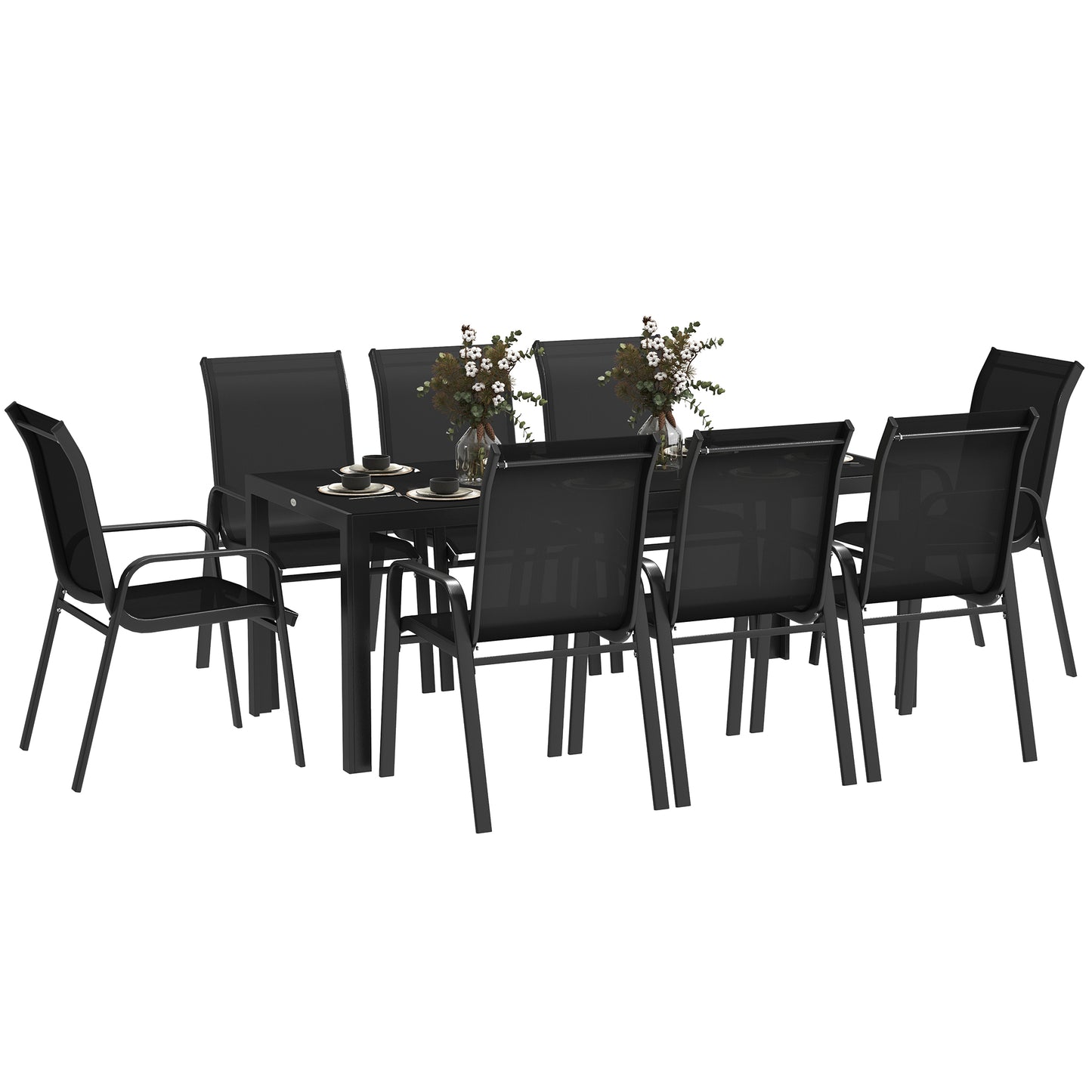 Outsunny 8 Seater Garden Dining Set with, Rectangular Tempered Glass Top, Outdoor Dining Table and Chairs for Patio, Balcony, Poolside, Black
