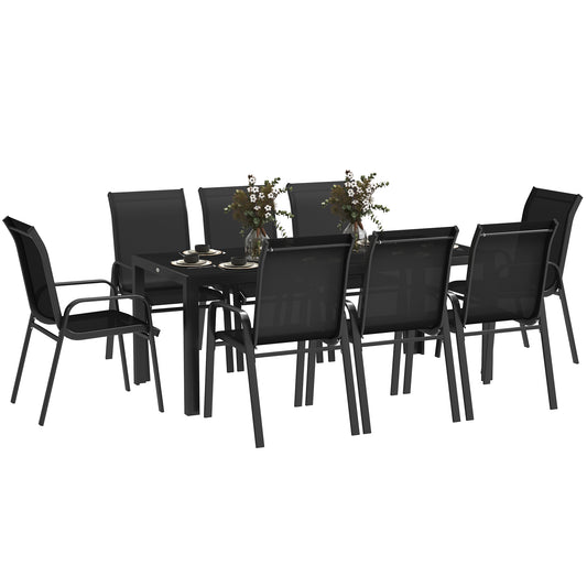 Outsunny 8 Seater Garden Dining Set with, Rectangular Tempered Glass Top, Outdoor Dining Table and Chairs for Patio, Balcony, Poolside, Black