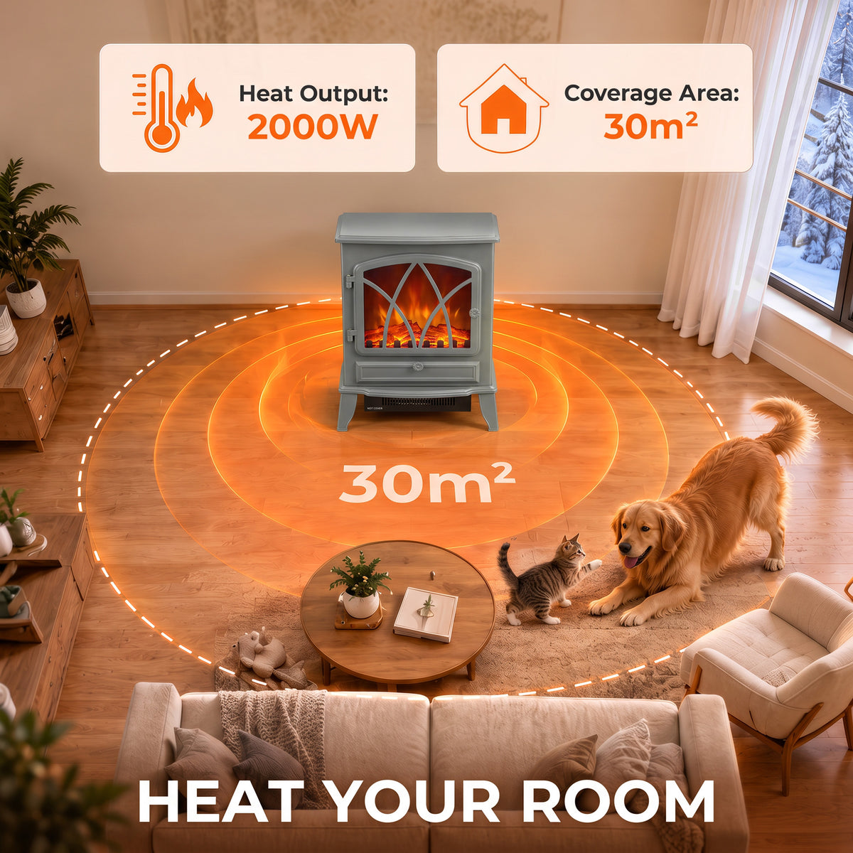 Electric Fireplace Stove | Grey Freestanding 2000W Heater with Adjustable LED Flame & Thermostat