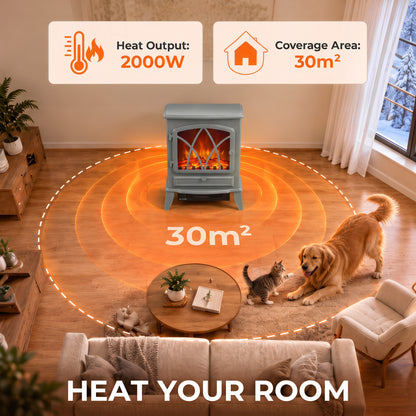 Electric Fireplace Stove | Grey Freestanding 2000W Heater with Adjustable LED Flame & Thermostat
