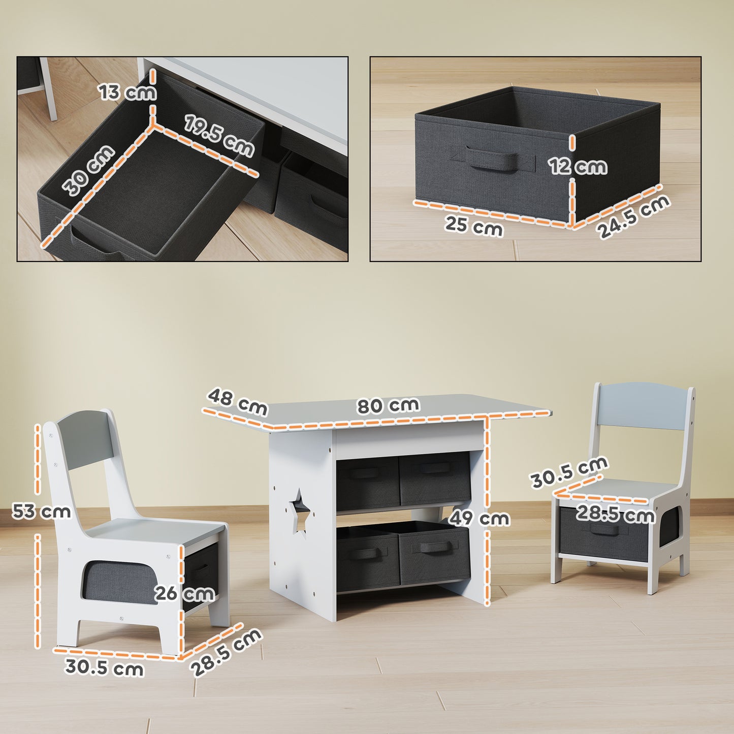 AIYAPLAY Kids Table and Chair Set, Toddler Table and 2 Chairs Set with 6 Removable Drawers, for Boys Girls Ages 3-8, Light Grey
