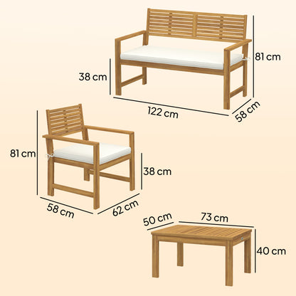 4-Piece Acacia Wood Garden Sofa Set | Loveseat, 2 Armchairs & Table | Cream White Cushions