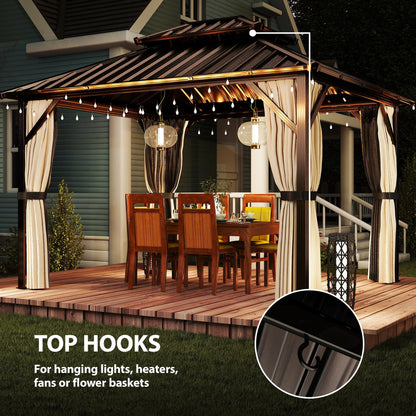 Outsunny 3x3 m Hardtop Gazebo Canopy with UPF50+ Double Galvanised Steel Roof, Aluminium Garden Gazebo Permanent Pavilion, Brown