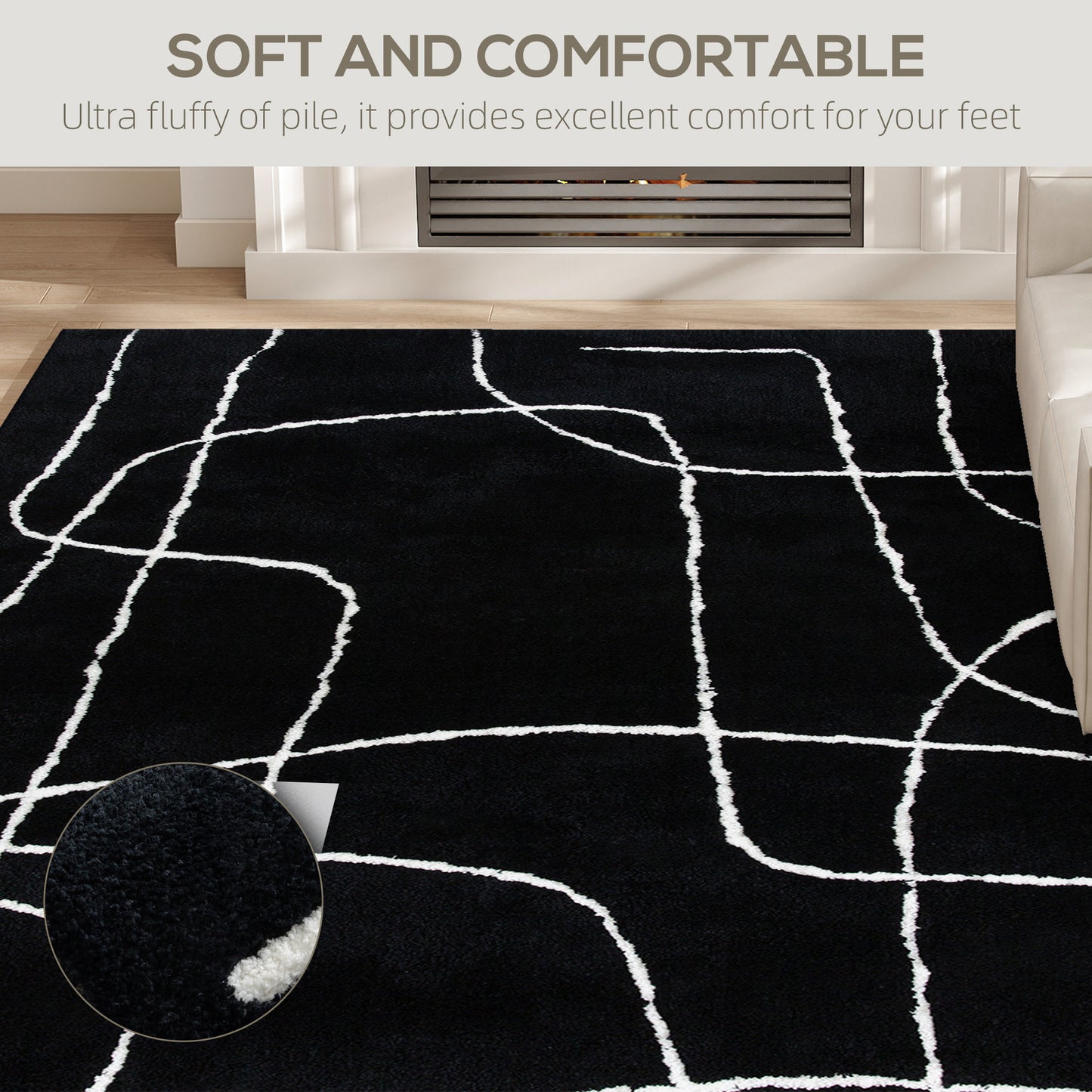 Modern Fluffy Area Rug, Geometric Pattern Washable Rug, Soft High Pile Floor Carpet for Living Room, Bedroom, Dining Room, Home Office, 170 x 120 cm, Black