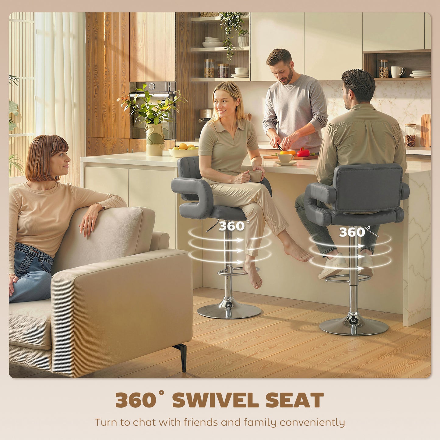 Set of 2 Adjustable Swivel Bar Stools | Padded Armrests | Grey PU Leather