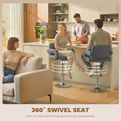 Set of 2 Adjustable Swivel Bar Stools | Padded Armrests | Grey PU Leather