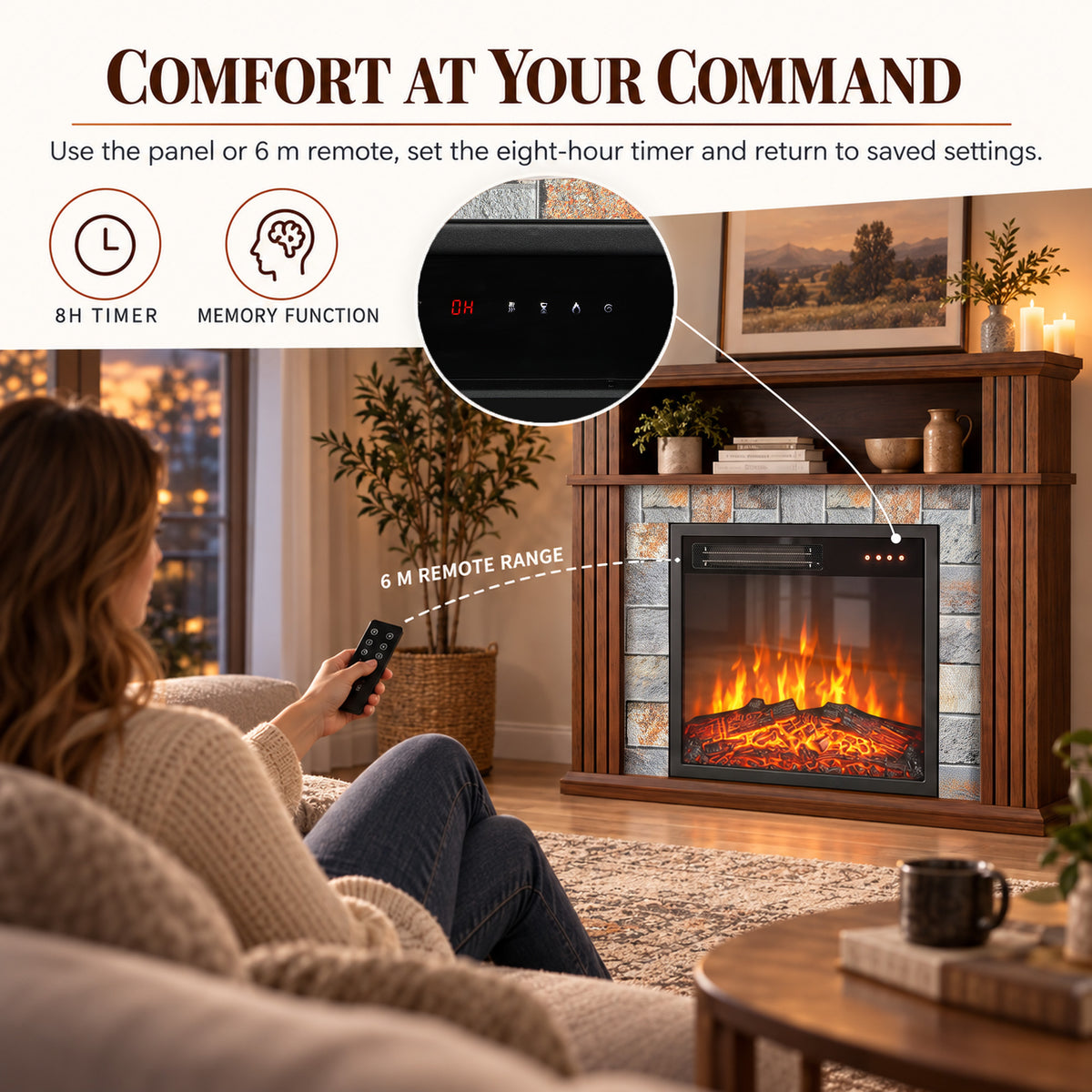 Electric Fireplace Suite | 1800W Fire & Wood-Effect Surround | 78cm, Open Shelf & Roman-Style Pillars | Remote, Timer & Memory