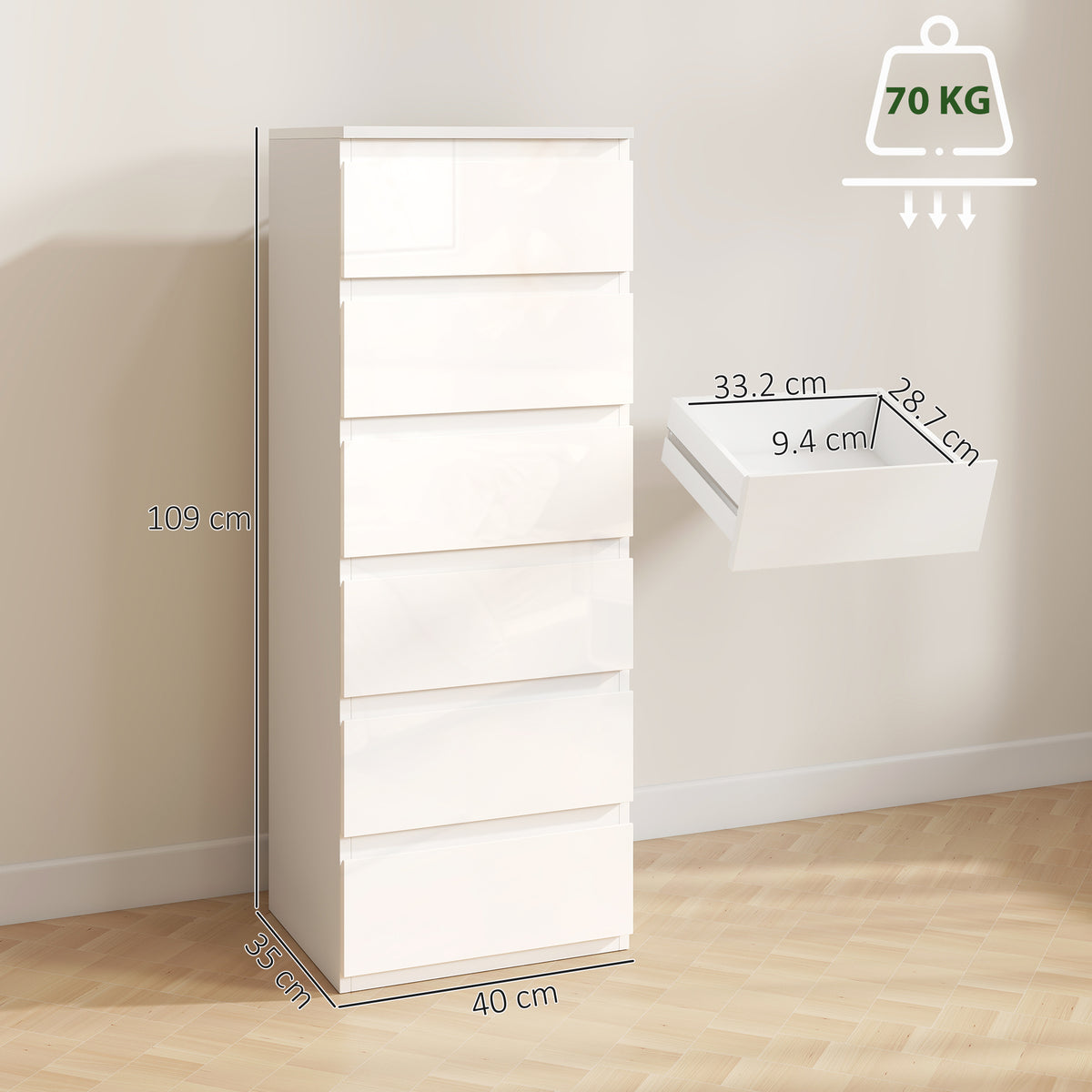 Slim 6-Drawer Chest | High-Gloss White Tallboy with Handle-Free Fronts & Wall Anti-Tip Kit | MDF Bedroom Storage | 40W × 35D × 109Hcm