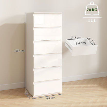 Slim 6-Drawer Chest | High-Gloss White Tallboy with Handle-Free Fronts & Wall Anti-Tip Kit | MDF Bedroom Storage | 40W × 35D × 109Hcm