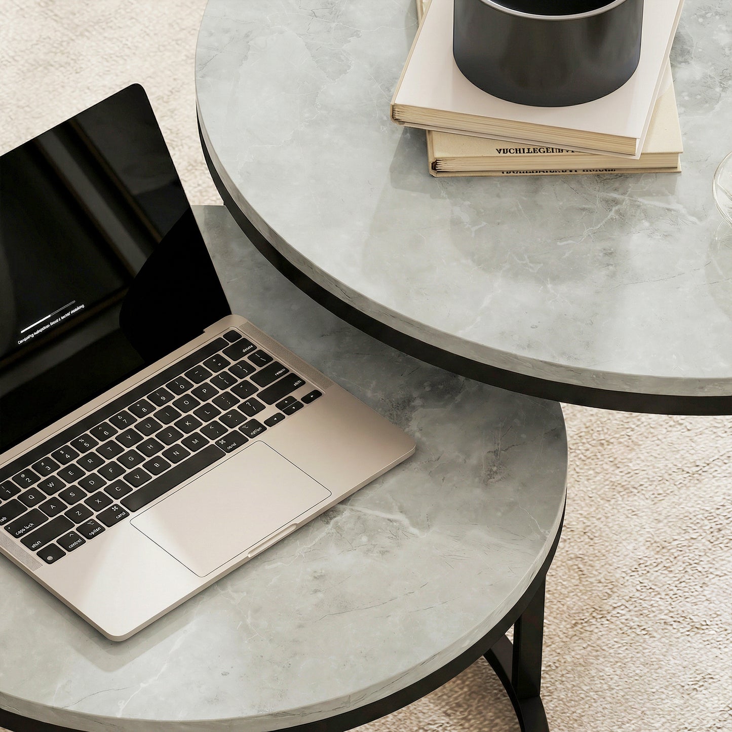 Set of 2 Stacking Coffee Tables | Round Marble Effect MDF Tops | Steel Frames | Stackable | Large 78.5cm & Small 59cm | 50kg | Marble Grey