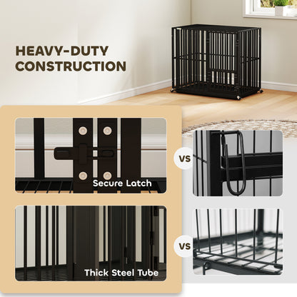 Heavy Duty Dog Crate with Wheels | 3-Door Access | Removable Tray | Top Playpen Opening | Medium & Large Dogs up to 30kg | Black