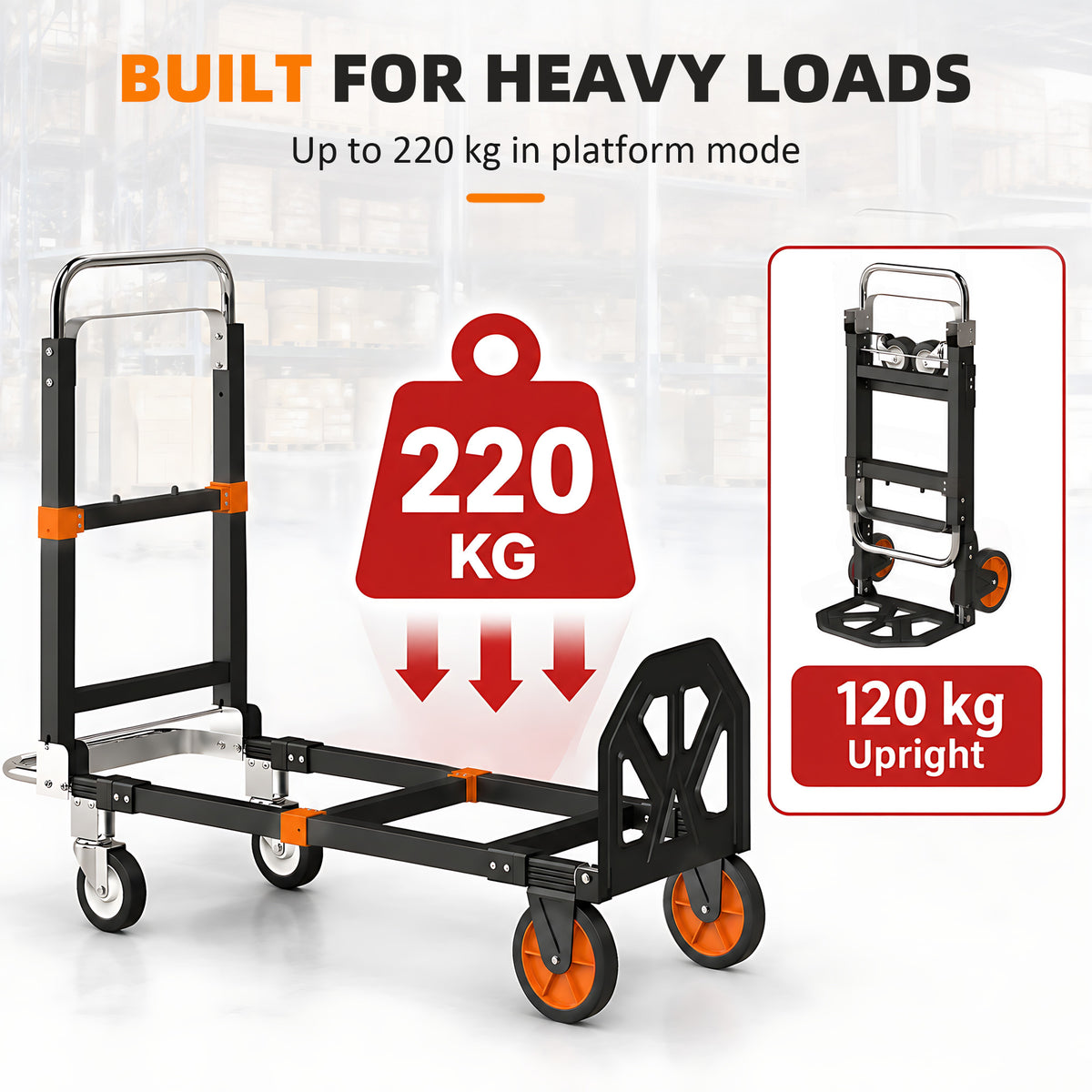 2-in-1 Folding Sack Truck & Platform Trolley | 220kg Flatbed / 120kg Upright | Extendable Frame & Telescopic Handle | Black & Orange