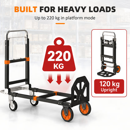 2-in-1 Folding Sack Truck & Platform Trolley | 220kg Flatbed / 120kg Upright | Extendable Frame & Telescopic Handle | Black & Orange