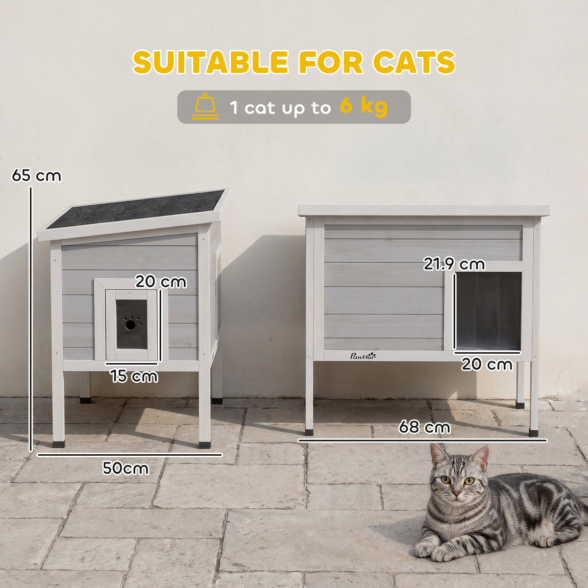 Insulated Outdoor Cat House with Removable Liner | Waterproof Asphalt Roof | 21cm Raised Base | Escape Door | Opening Roof | PVC Door Curtain | Fir Wood | For Cats Up To 6kg | 68x50x65cm | Dark Grey
