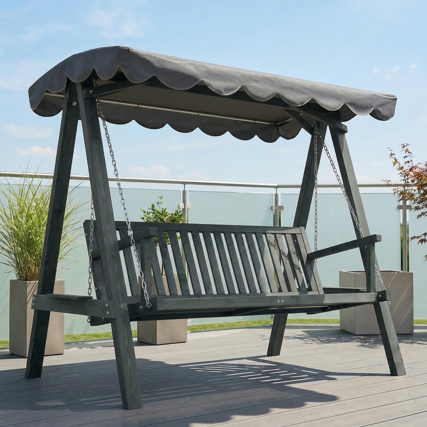 3-Seater Garden Swing Seat with Canopy | Pine Wood Frame | UV-Resistant | 360kg | Grey