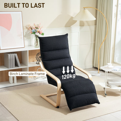 Wood Lounge Chair, Upholstered Recliner Lounge Seat with Adjustable Footrest, Armchair for Living Room, Bedroom, Balcony, Office, Black