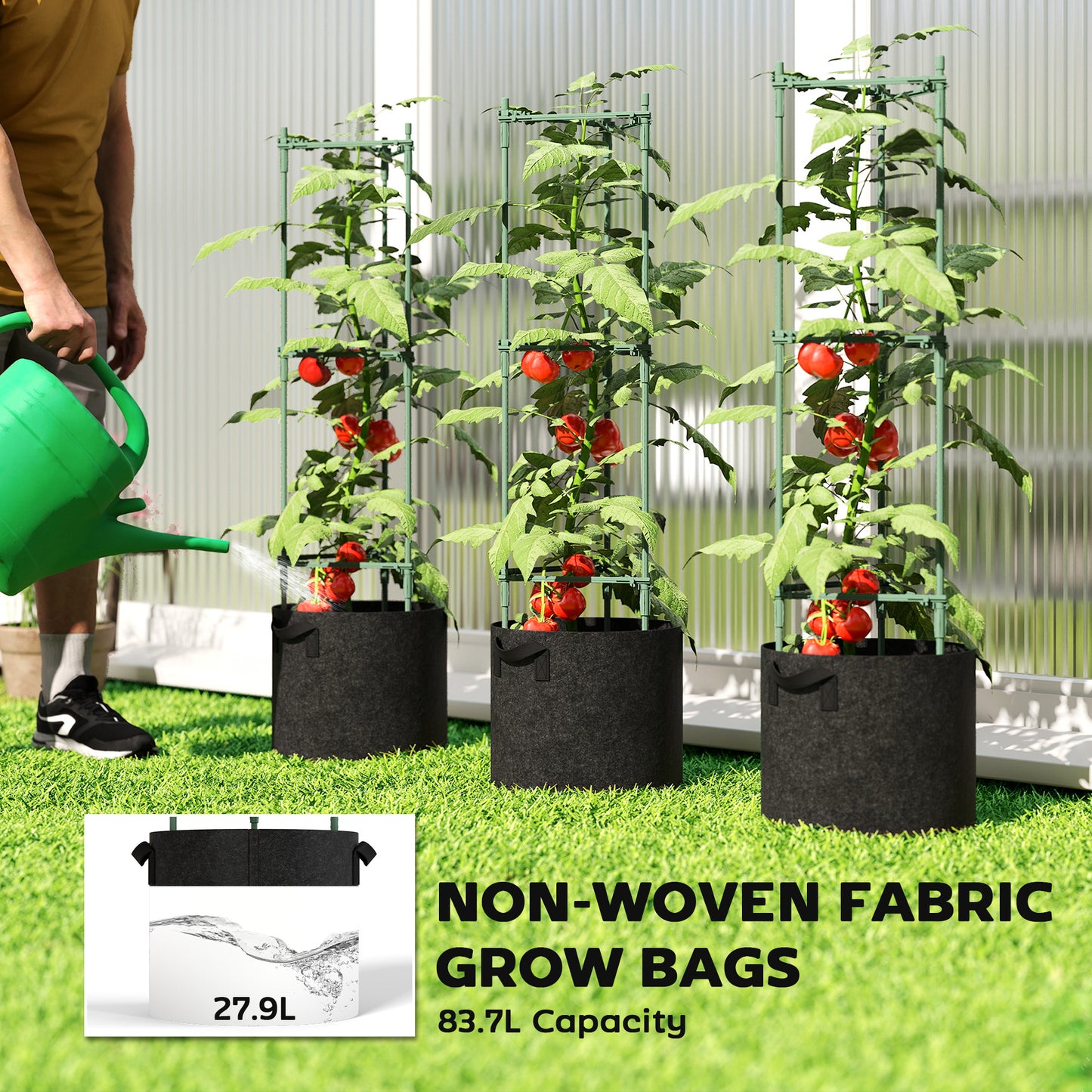 Outsunny 3 Packs Tomato Cages with 83.7L Grow Bags, 47.2" Adjutstable Triangle Plant Stakes Support Trellis with Planter Bags