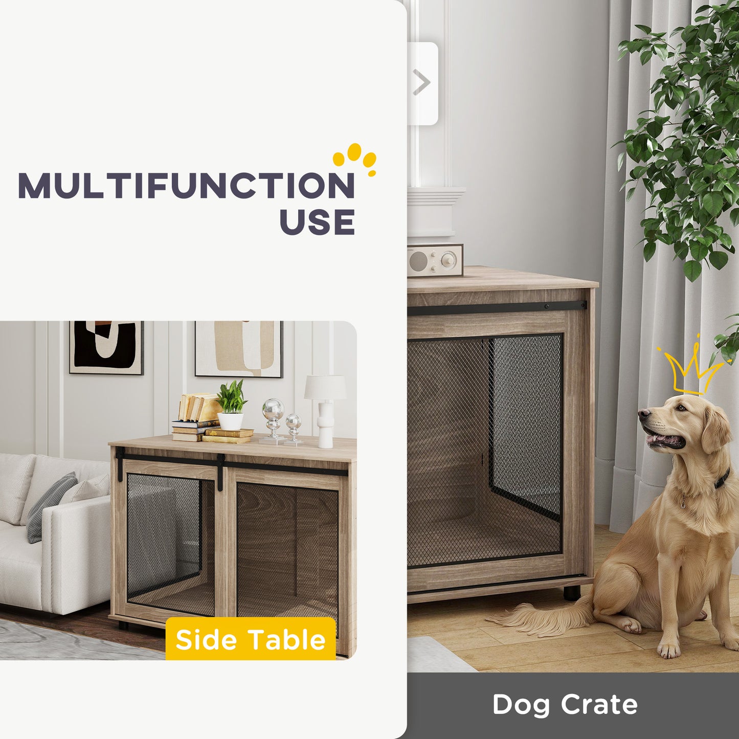 Dog Crate Furniture Side Table | Barn Door & Side Door | 3-Sided Ventilation | Extra Large Dogs up to 40kg | 118 x 75.5 x 82cm | Walnut Brown