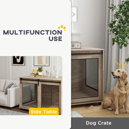 Dog Crate Furniture Side Table | Barn Door & Side Door | 3-Sided Ventilation | Extra Large Dogs up to 40kg | 118 x 75.5 x 82cm | Walnut Brown