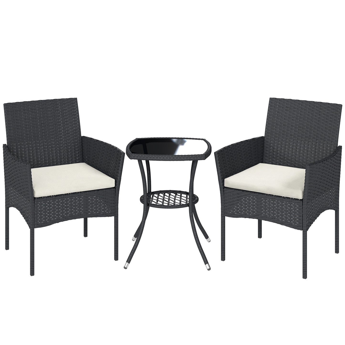 3 Piece Rattan Bistro Set | 2 Cushioned Armchairs | 2-Tier Tempered Glass Table | PE Wicker | Steel Frame | 120kg | Cream White & Black