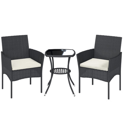 3 Piece Rattan Bistro Set | 2 Cushioned Armchairs | 2-Tier Tempered Glass Table | PE Wicker | Steel Frame | 120kg | Cream White & Black