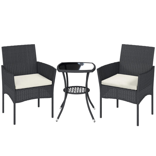 3 Piece Rattan Bistro Set | 2 Cushioned Armchairs | 2-Tier Tempered Glass Table | PE Wicker | Steel Frame | 120kg | Cream White & Black