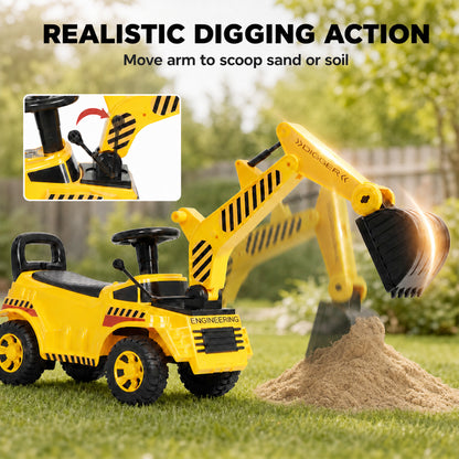AIYAPLAY Kids Ride-On Digger | Foot-Powered Excavator | Detachable Digging Arm & Bucket | Horn & Helmet | Yellow & Black | Ages 1–4
