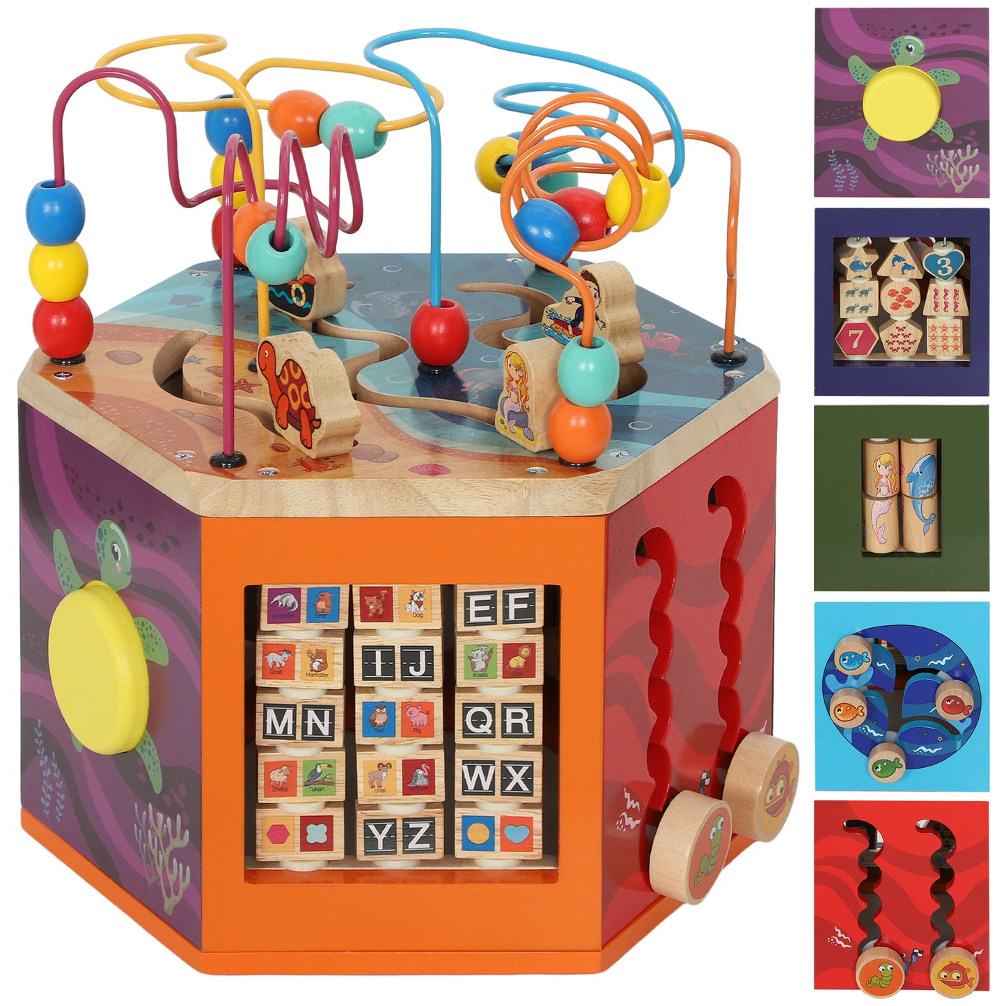 AIYAPLAY Wooden Activity Cube, Baby Toys with Bead Maze, Pattern Sorter for Toddlers Boys and Girls 18+ Months