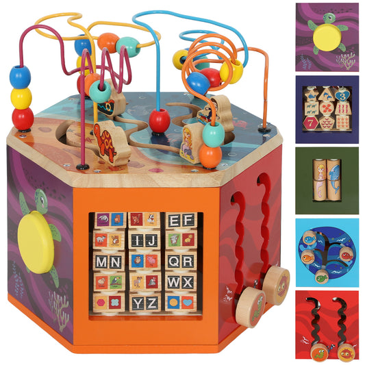 AIYAPLAY Wooden Activity Cube, Baby Toys with Bead Maze, Pattern Sorter for Toddlers Boys and Girls 18+ Months