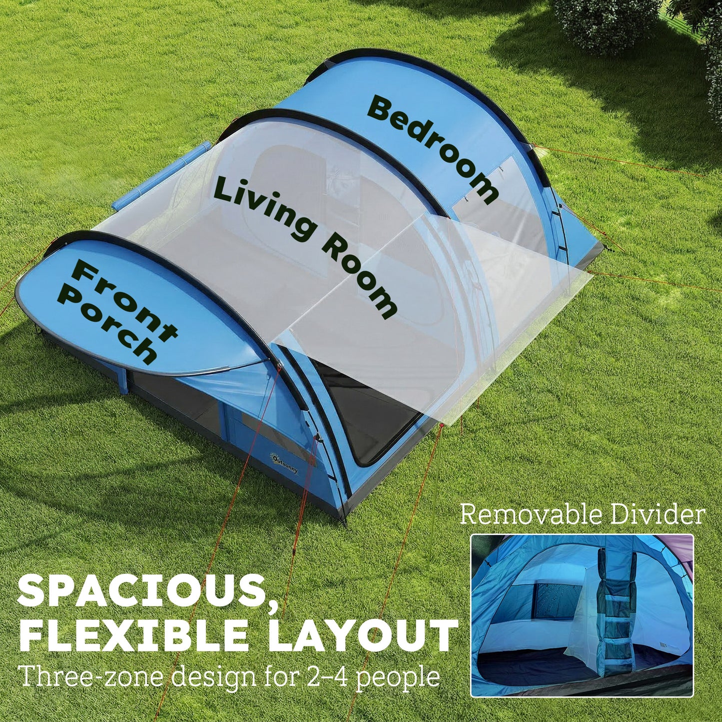 4-Person Family Camping Tent | 2 Rooms | Removable Divider | 3000mm Waterproof | Level 4 Wind Resistance | 7 Storage Pockets | Sets Up in 5-15 Mins | 565 x 370 x 200cm | Sky Blue & Grey