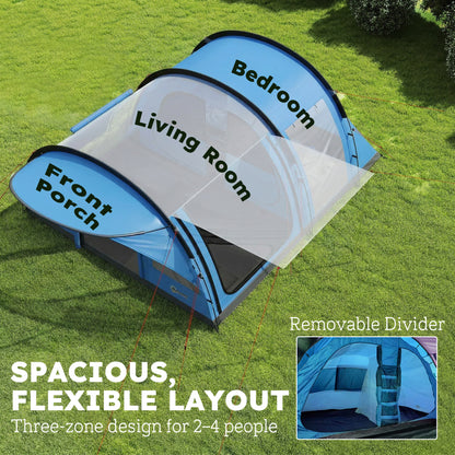 4-Person Family Camping Tent | 2 Rooms | Removable Divider | 3000mm Waterproof | Level 4 Wind Resistance | 7 Storage Pockets | Sets Up in 5-15 Mins | 565 x 370 x 200cm | Sky Blue & Grey