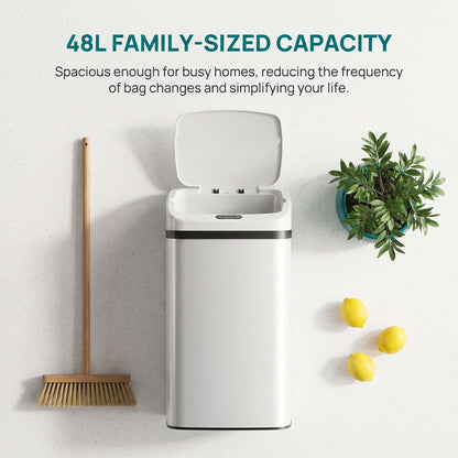 48L Infrared Sensor Bin | Opens in 0.5s | Quiet Close in 4-7s | Fingerprint-Resistant Stainless Steel | No Inner Bucket | 4xAA Batteries | No Assembly | 33x25x69cm | White