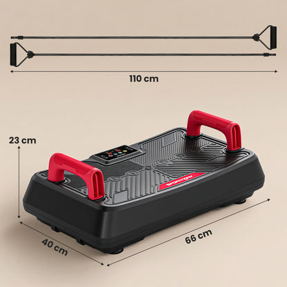 Vibration Plate Exercise Machine | 150W Swing Arm Motor | 99 Speeds | 3 Preset Programmes | 2 Resistance Bands | Removable Handles | LED Display & Remote | Anti-Slip TPR | 120kg | 66x40x23cm | Red
