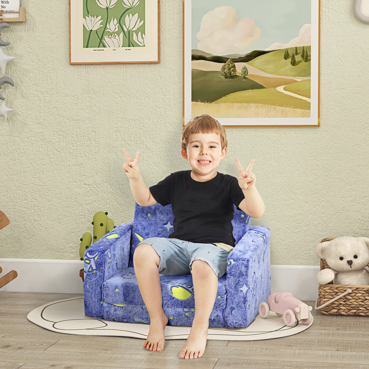 AIYAPLAY 2 in 1 Kids Foldable Chair Bed with Glow in The Dark Cosmic Design, Washable Cushion and Cover, Blue