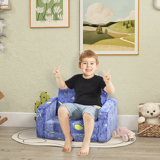 AIYAPLAY 2 in 1 Kids Foldable Chair Bed with Glow in The Dark Cosmic Design, Washable Cushion and Cover, Blue
