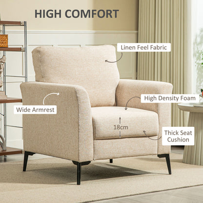 Modern Armchair, Linen Fabric Upholstered Accent Chair with Metal Legs, Wood Frame and Padded Cushion for Living Room Bedroom Office