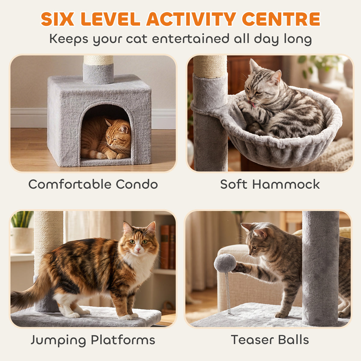 Light Grey Floor-to-Ceiling Cat Tree | Adjustable 230-250 cm Cat Tower with 6 Levels, Scratching Posts, Hammock, Condo & Toy Balls | Up to 5 kg