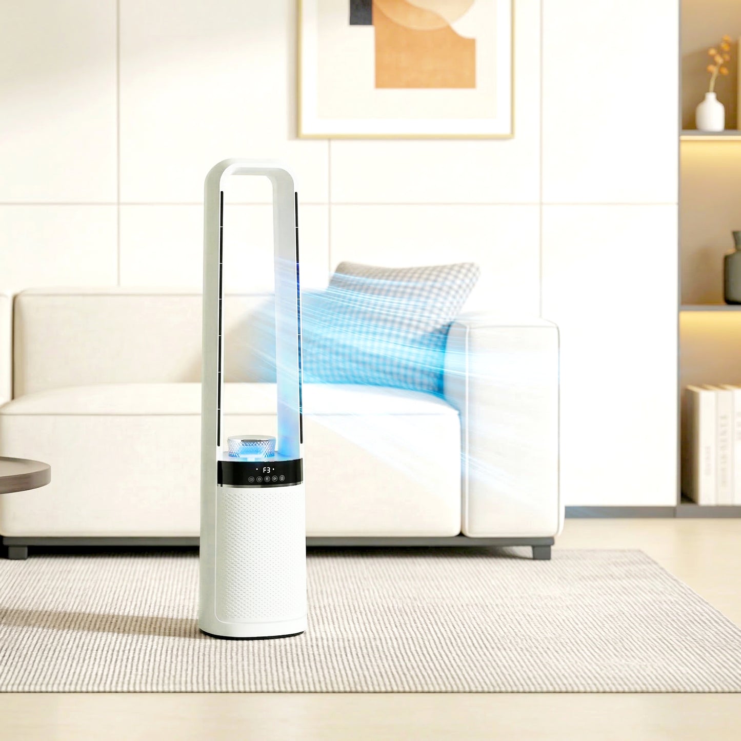 Bladeless Tower Fan | 36dB Sleep Mode | 4-Colour LED & Breathing Mode | 45° Oscillation | 3 Speeds | 12H Timer | 5m Remote | Washable Filter | 85W | 20.6x21.4x93.3cm | White