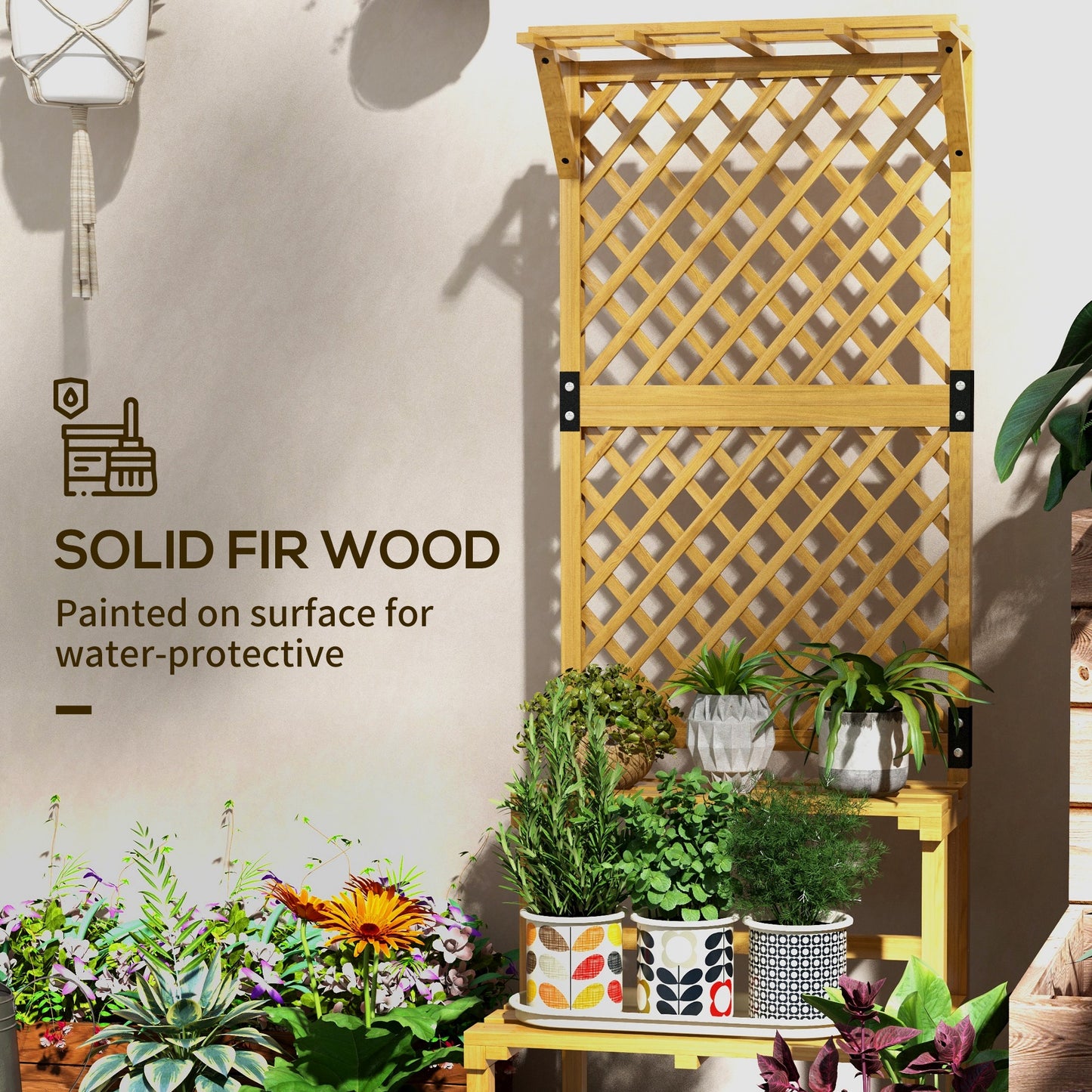 Wooden Plant Stand with Trellis, Freestanding Raised Garden Bed for Climbing Plants, Planter Box to Grow Vegetables, Herbs and Flowers for Garden, Patio, Yellow