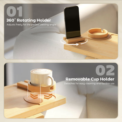 Bamboo Sofa Armrest Tray | 360° Phone & Tablet Holder | Removable Cup Holder | Anti-Slip | No Assembly | Natural