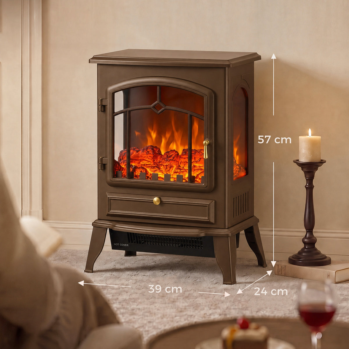 3-Sided Electric Fireplace Stove Heater | 1000/2000W Freestanding 3D Flame Effect with 10-35°C Thermostat | 15-30 m² | Brown, Grey or Black